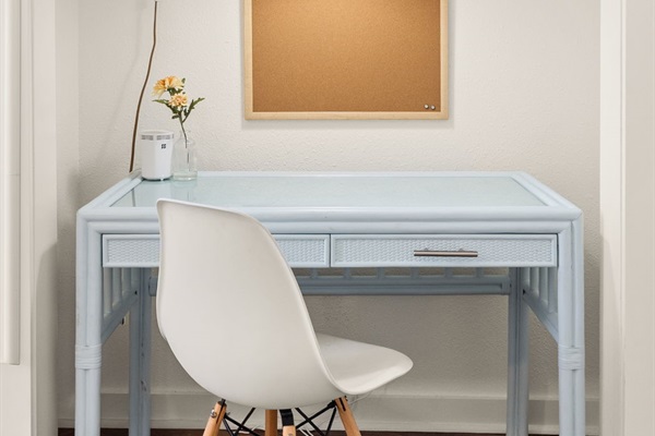 Dedicated workspace with desk and fast fiber wifi, perfect for remote work or catching up on emails during your stay.