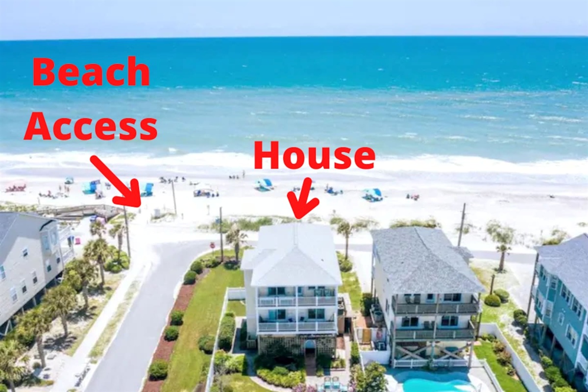 Arieal view of house facing the beach. Our house is the corner lot in the center of this photo. Beach access literally steps from our house!