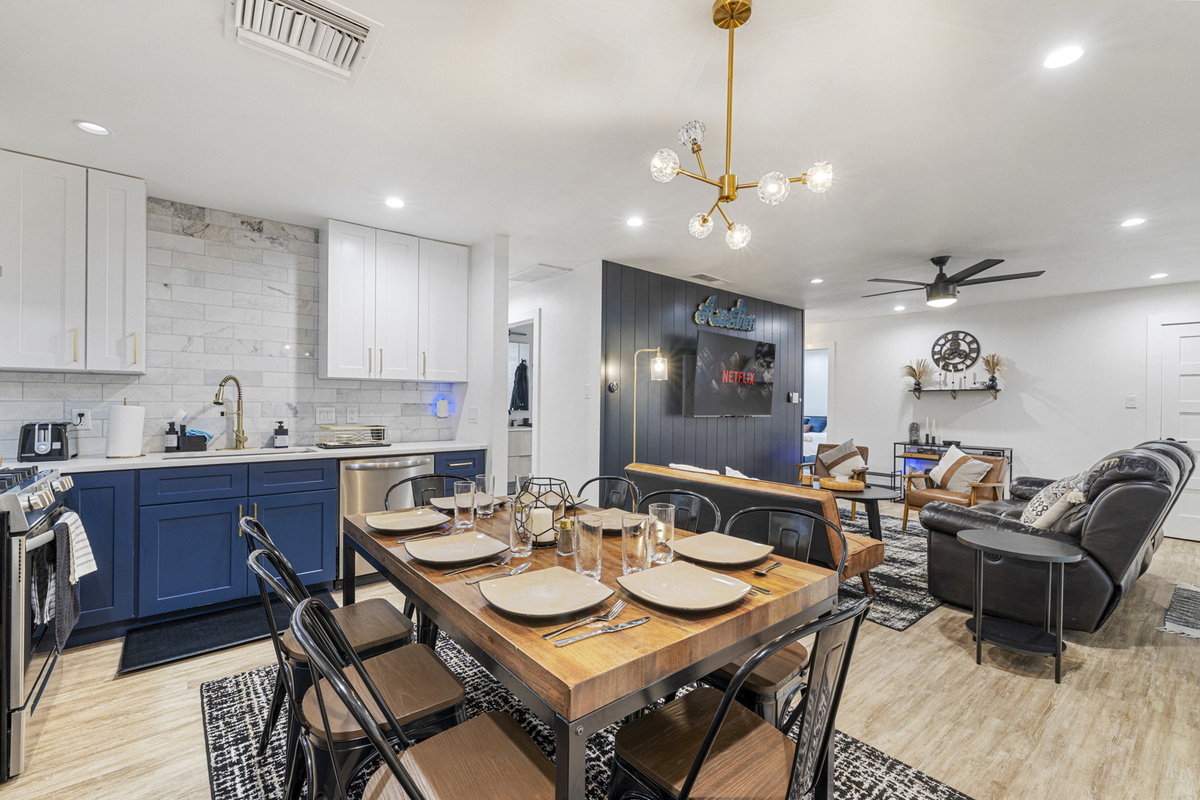 Bright and inviting space perfect for meals and movie nights