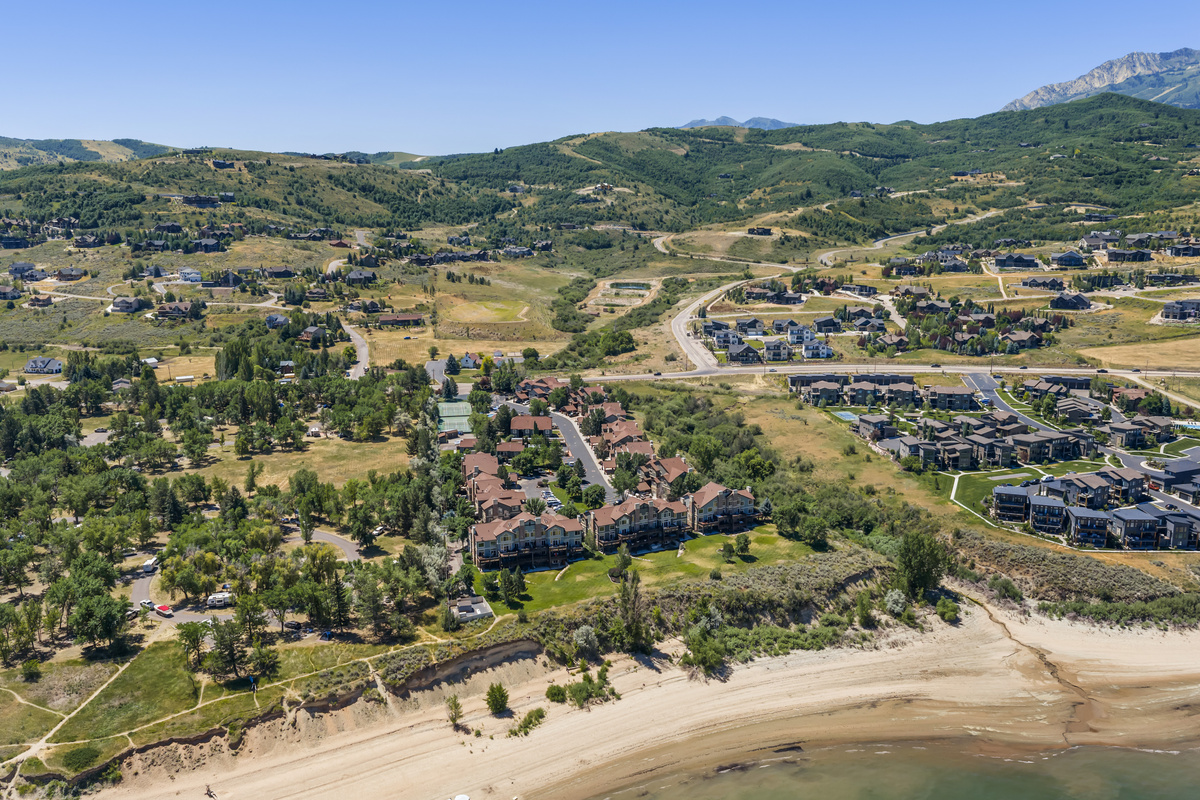 Scenic aerial view showcasing Lakeside Village's incredible location near Pineview Reservoir.