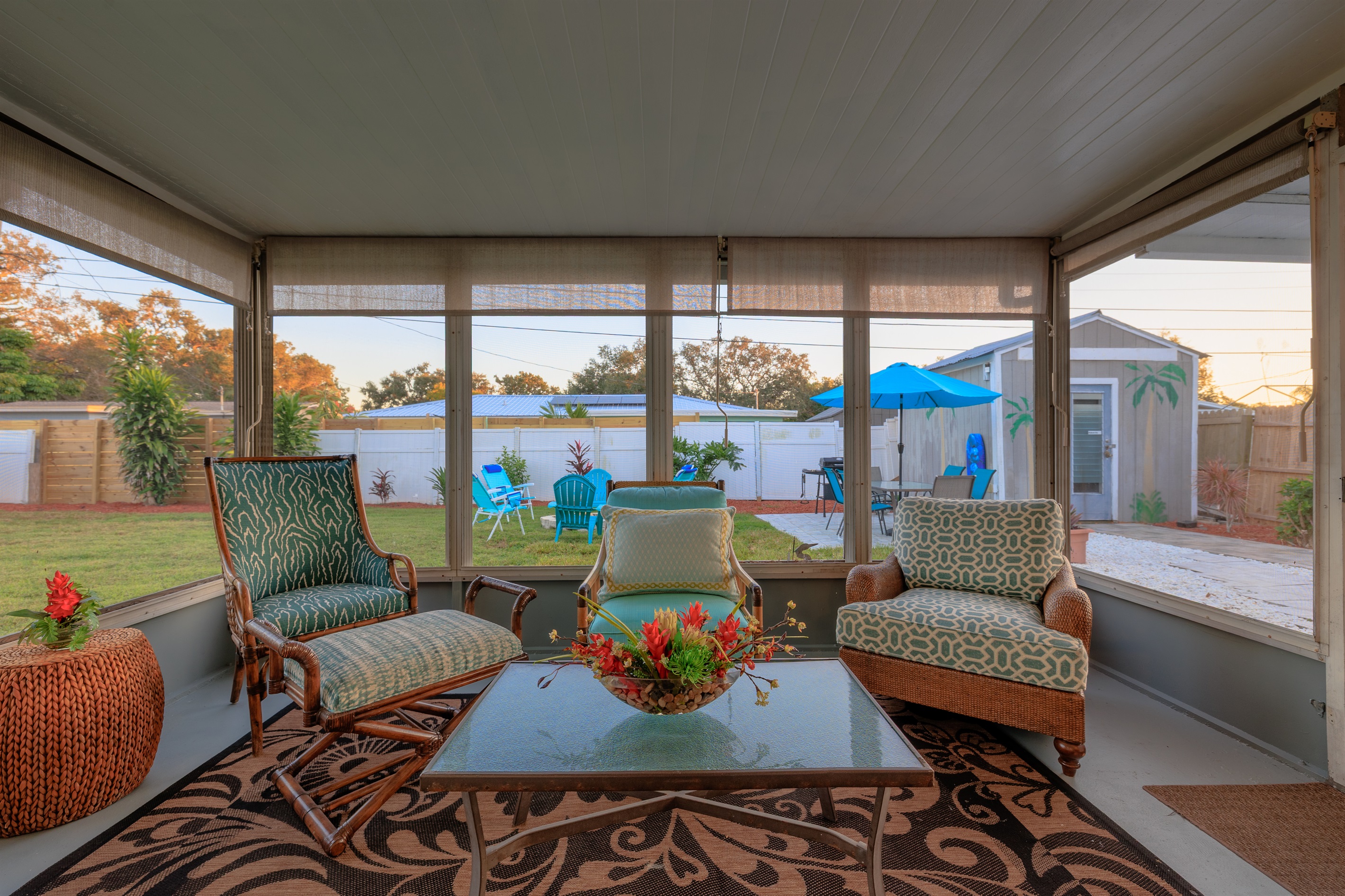 Screened-in Patio area with Sunshades, lights for evening and electric for your devices!