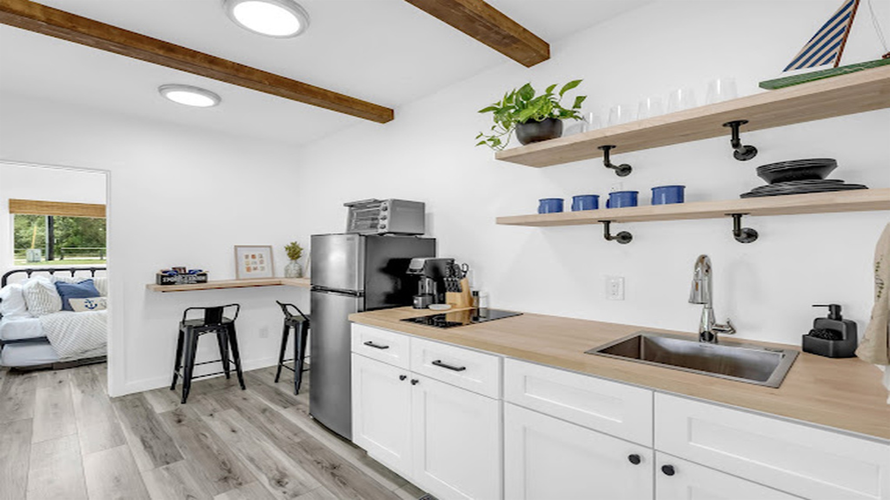 A light-filled kitchen space designed for simple, comfortable stays