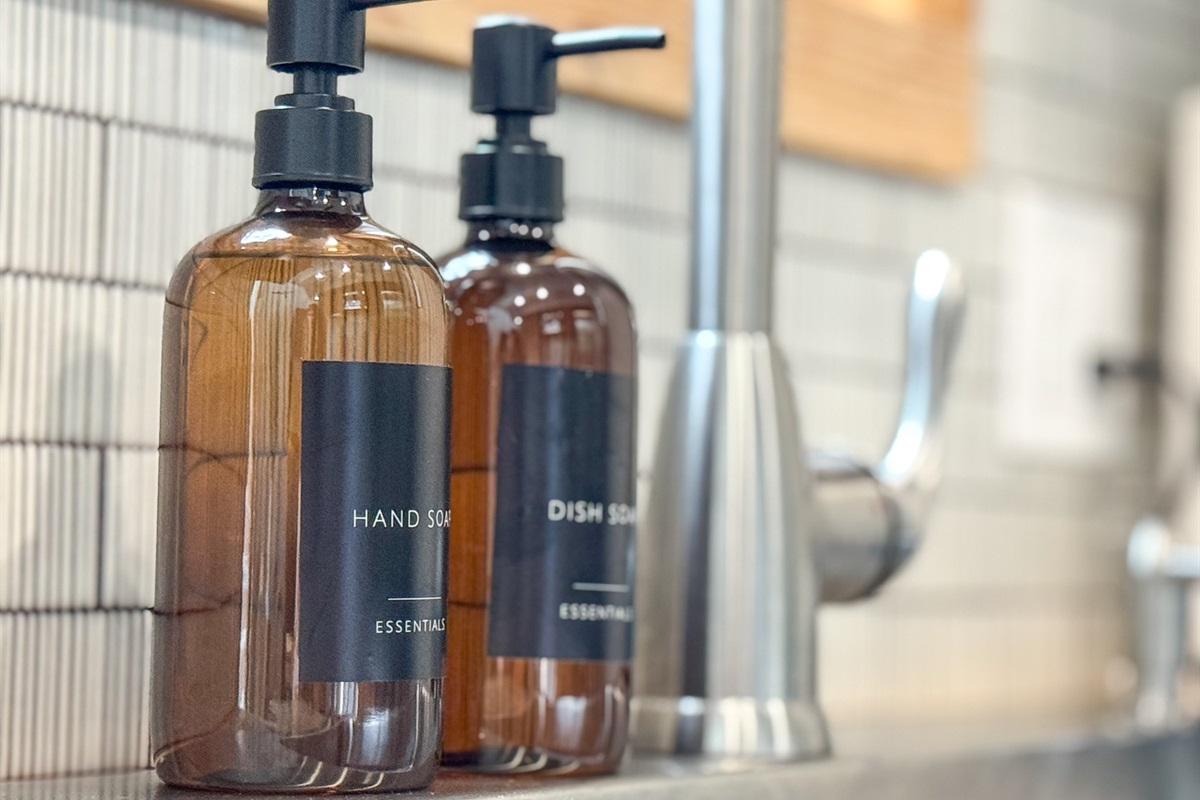 Stocked with many convenience amenities such as hand soap, dish soap, shampoo, conditioner, body wash and more