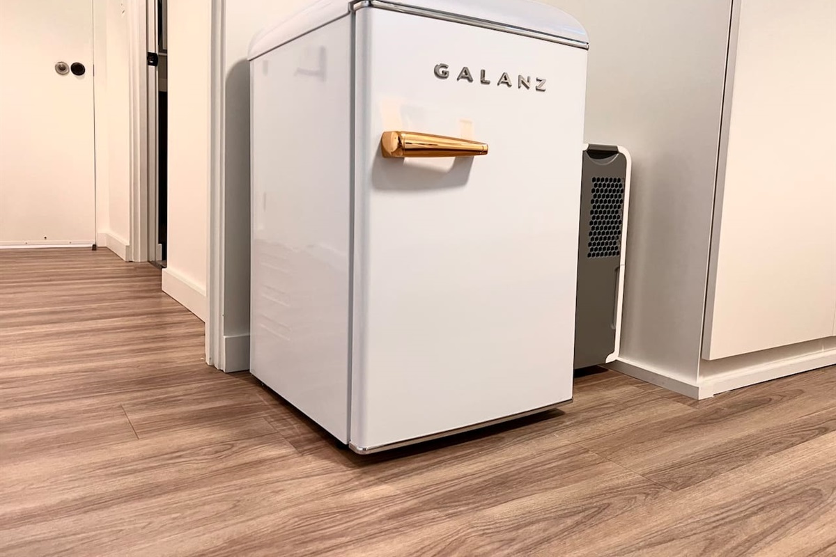 Mini-fridge for beverages and light storage only; no kitchen or food prep facilities.