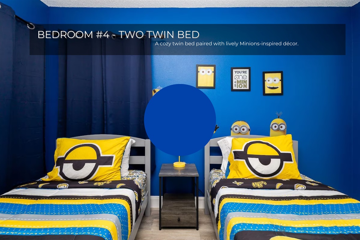 Sleep in style with two comfy twin beds surrounded by Minion magic.