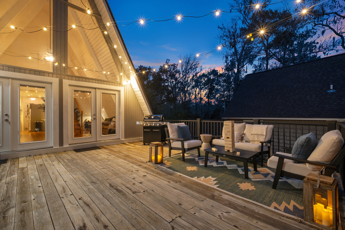 String lights on the deck at dusk
