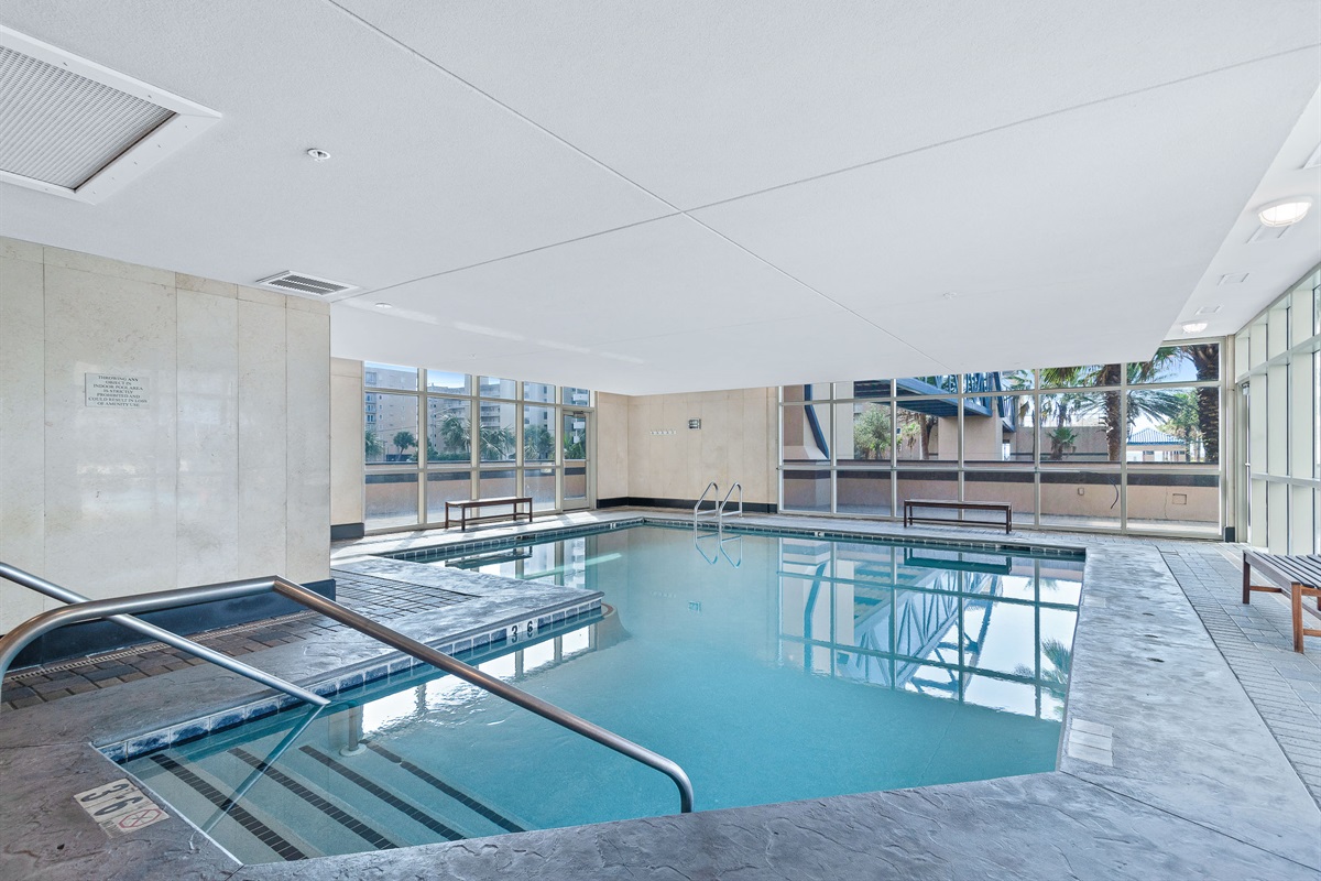 Dive into relaxation, no matter the weather. Our heated indoor pool provides a tranquil escape, featuring floor-to-ceiling windows for natural light and stunning views. The perfect place to unwind after a long day.