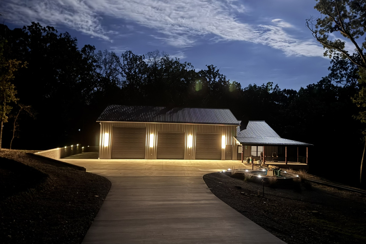 Well lit driveway at night