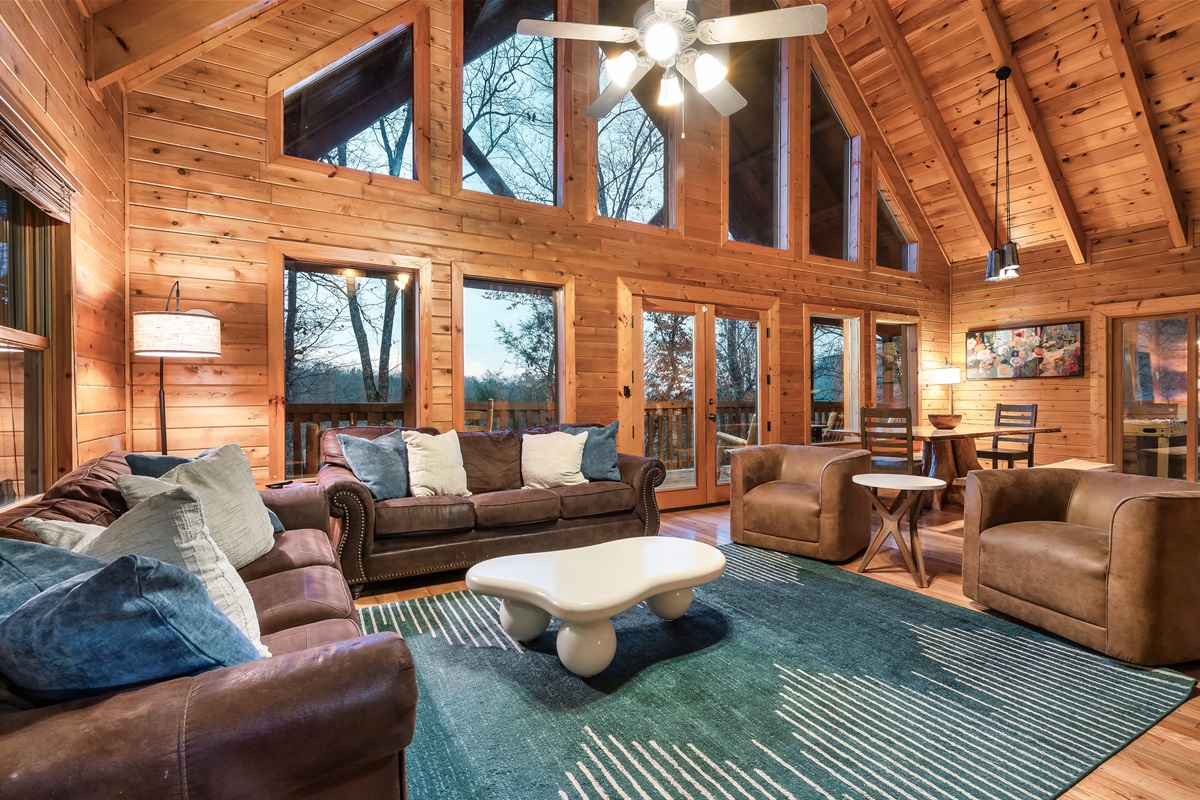 Gas fireplace, 65 inch Roku TV, lots of seating