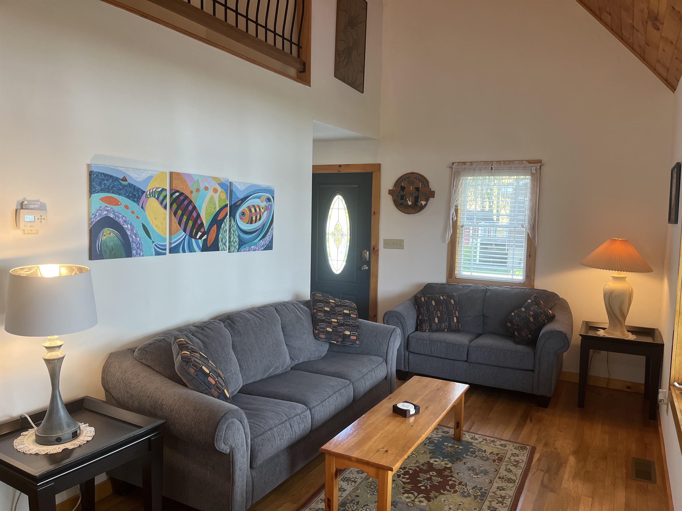 Comfy living room overlooking the water