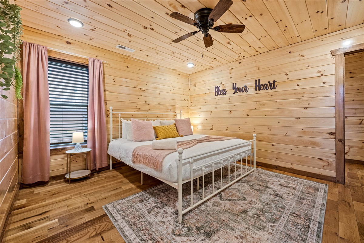 The "Bless Your Heart" king bedroom (upstairs) has a private bathroom