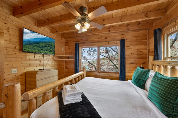 Main level king bedroom — private en-suite bath, 50" Smart TV, and its own quiet corner away from the main living area.