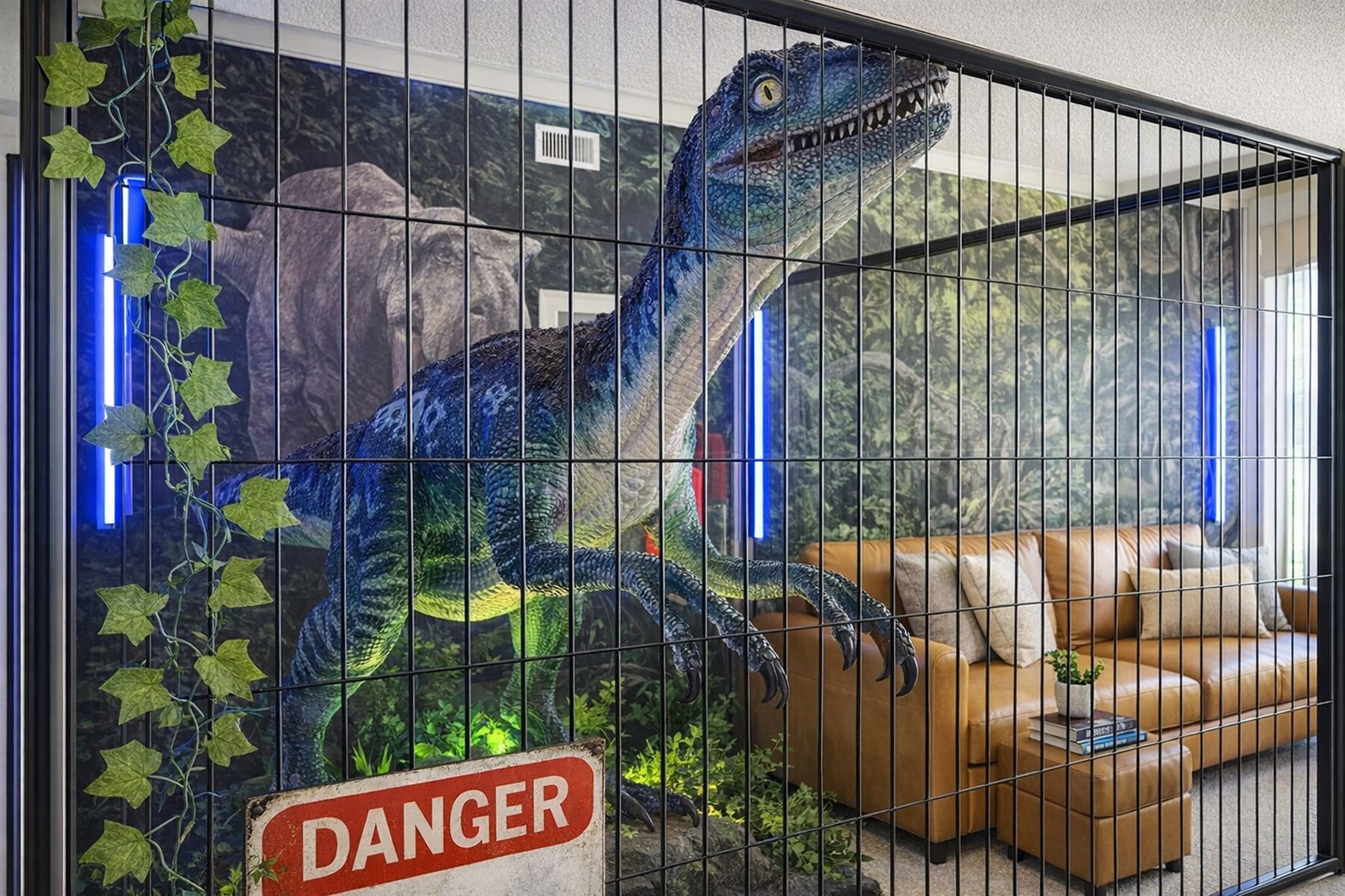 A playful dinosaur-themed lounge area with a modern leather sofa and vibrant wall art.
