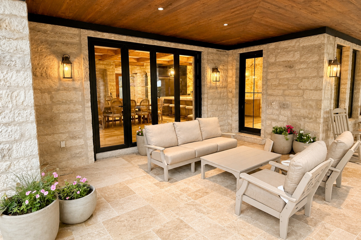 Outdoor patio seating is abundant, multiple seating areas.