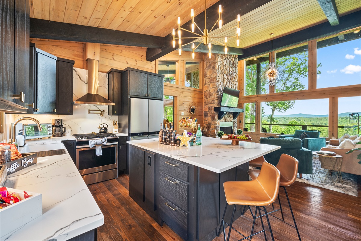 The dining table is surrounded by the cozy warmth of natural wood tones.