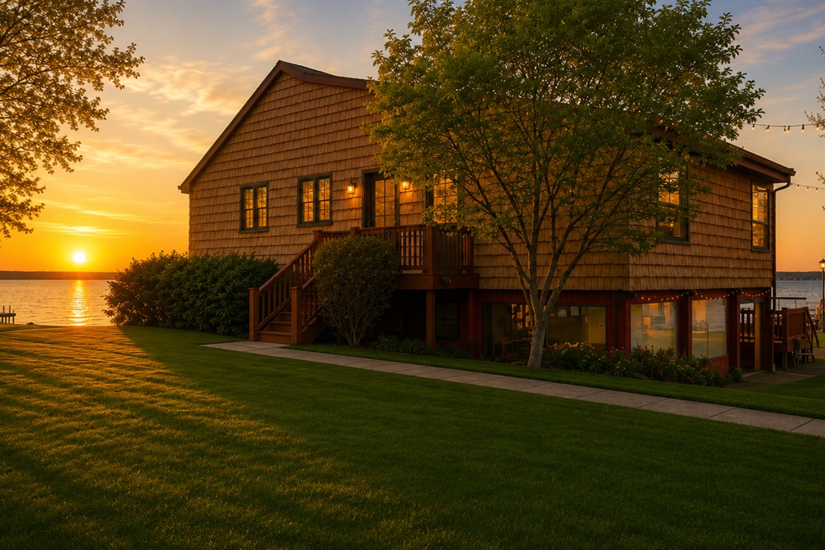 Lakeside charm with lush lawns and easy water access. 🌅🏡