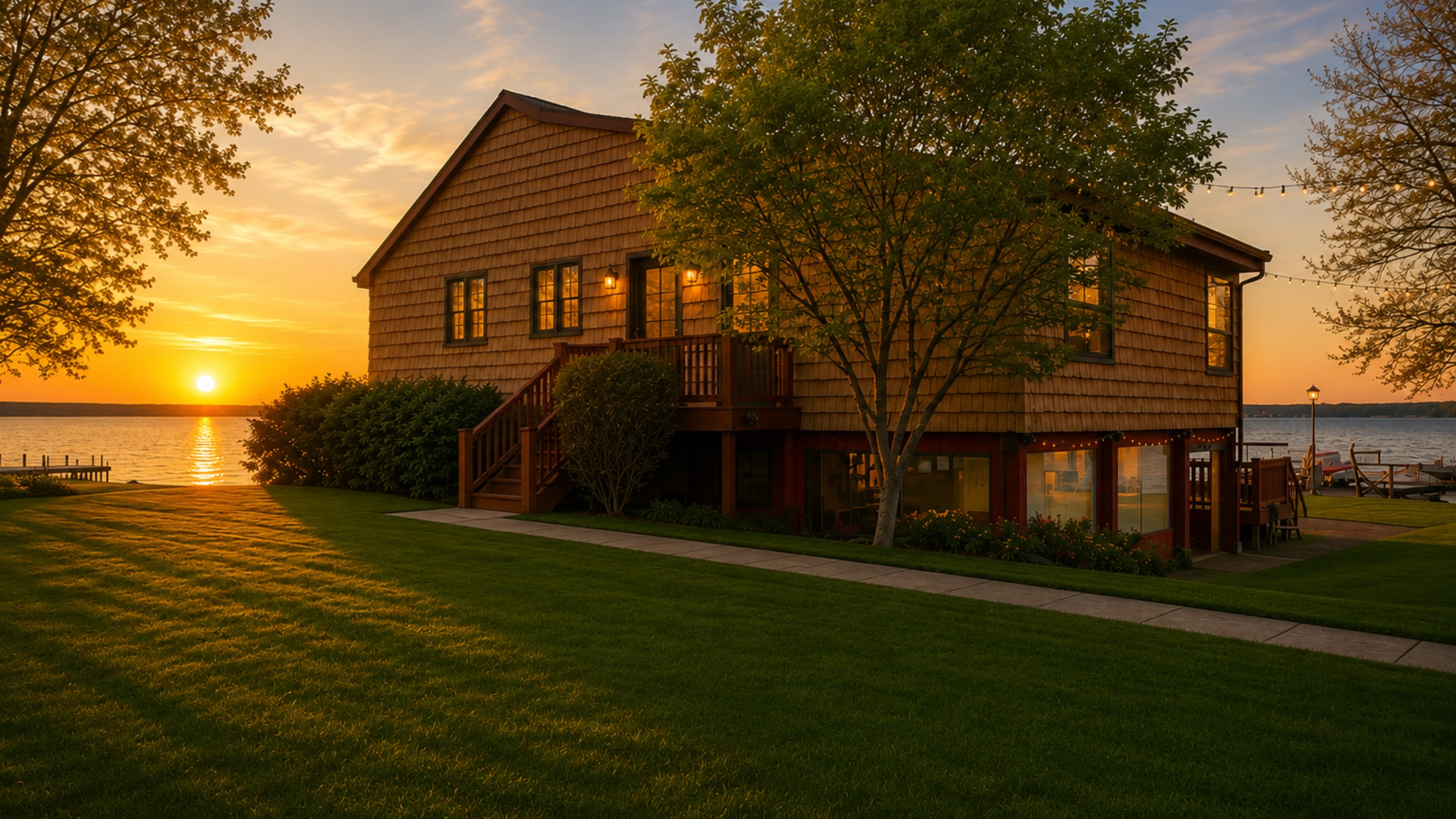 Lakeside charm with lush lawns and easy water access. 🌅🏡