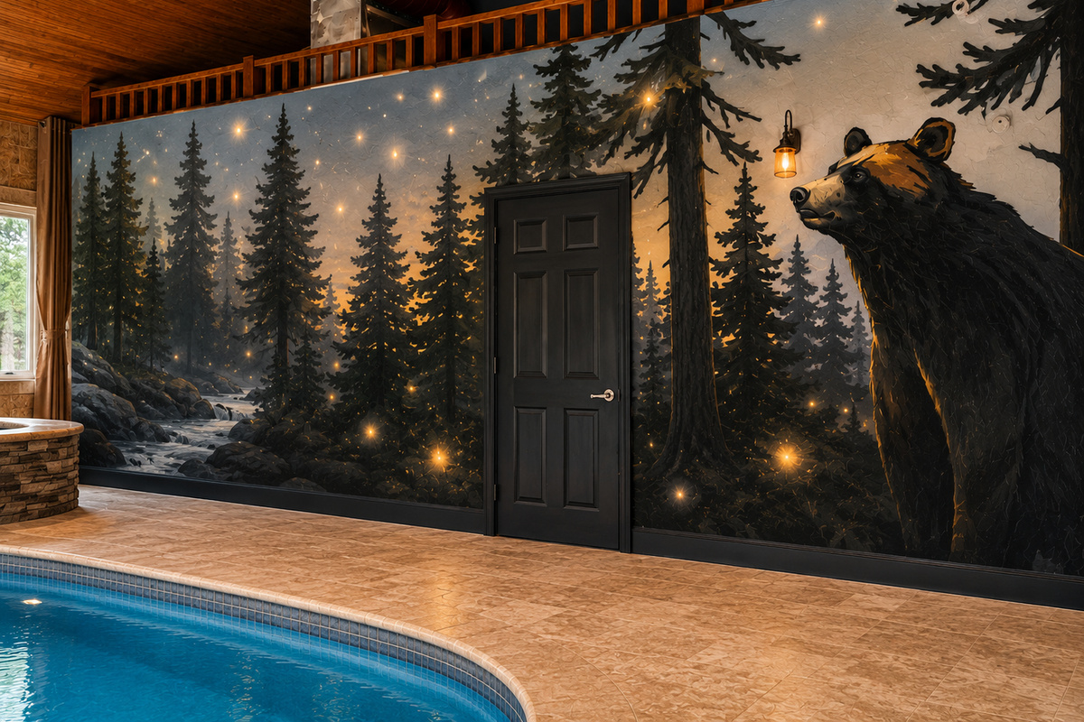 {Indoor Pool House} A closer look at the hand-painted woodland mural wrapping our private pool house—complete with glowing fireflies, towering pines, and one very curious bear.