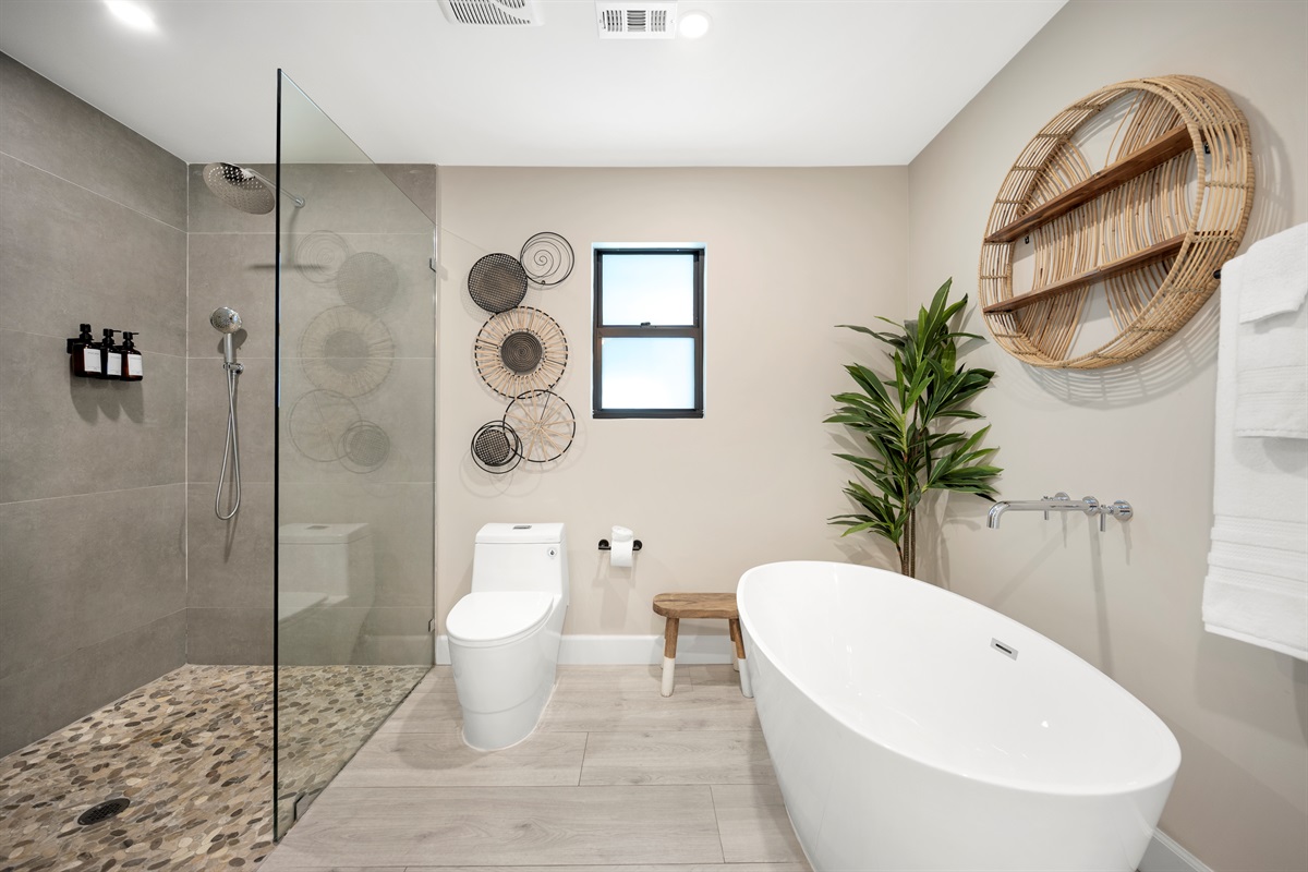 Master Bath - Freestanding soaking tub and open glass shower for a spa-like escape