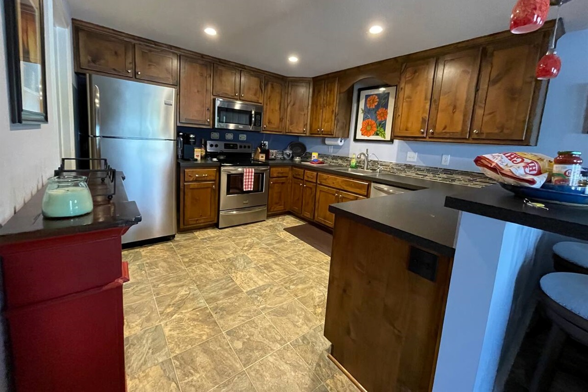 Large kitchen with Whirlpool Profile appliances. Refrig has an ice maker!