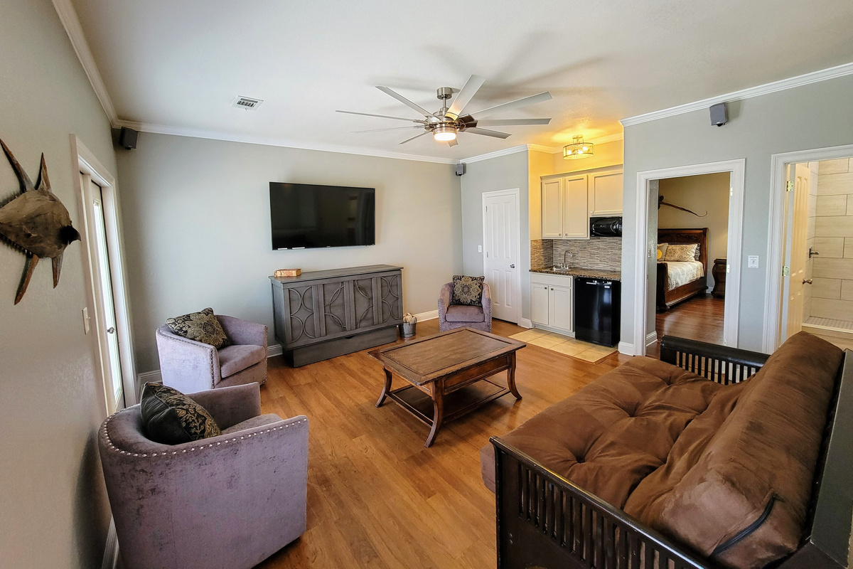 3rd Floor Game Room, Balcony, Kitchenette, bar, Murphy bed, and Smart tv