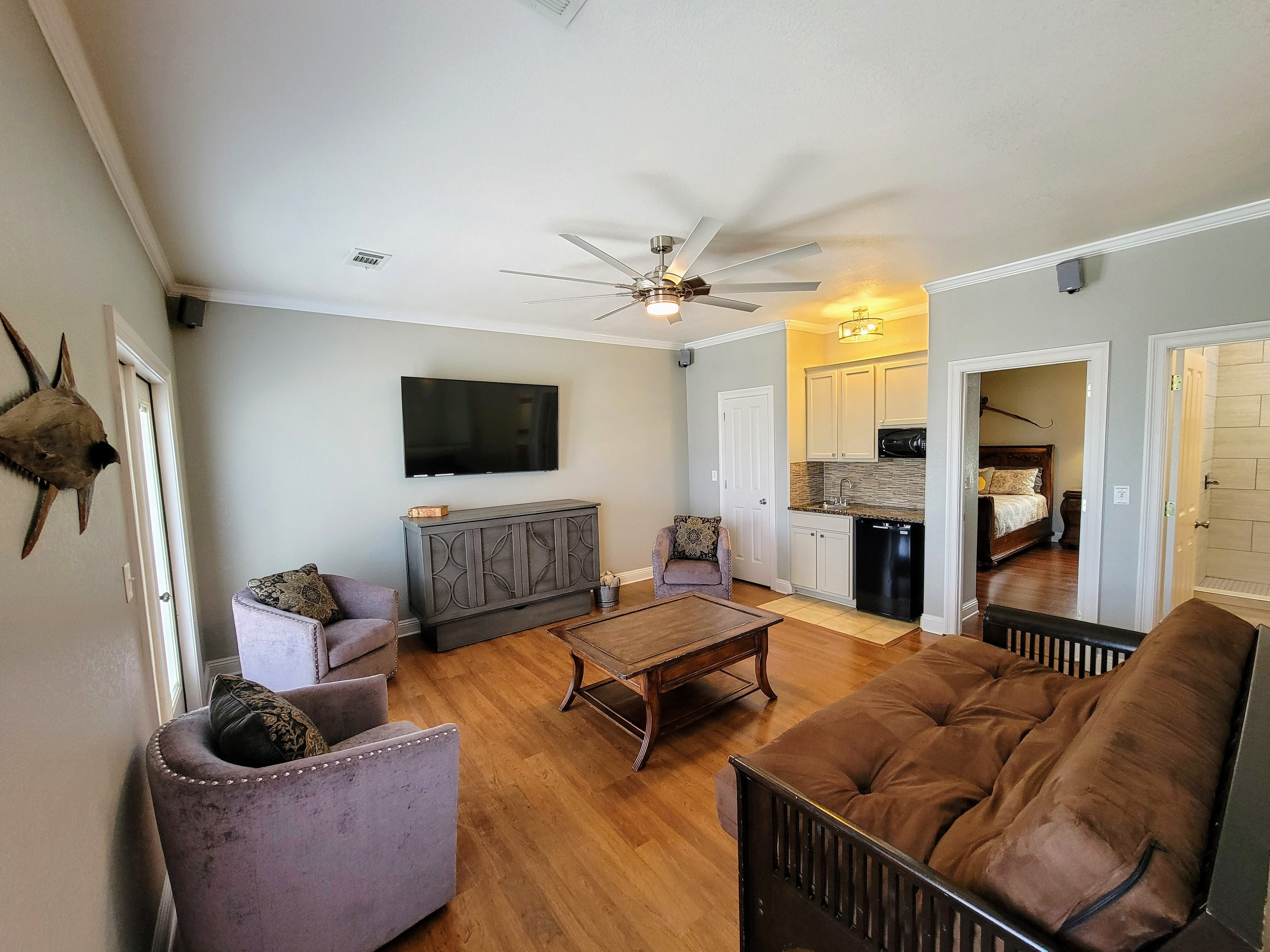 3rd Floor Game Room, Balcony, Kitchenette, bar, Murphy bed, and Smart tv