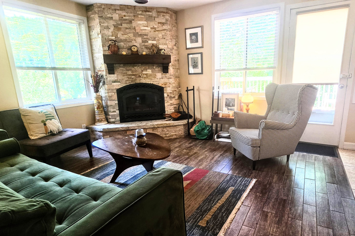 Living room showing fireplace and seating