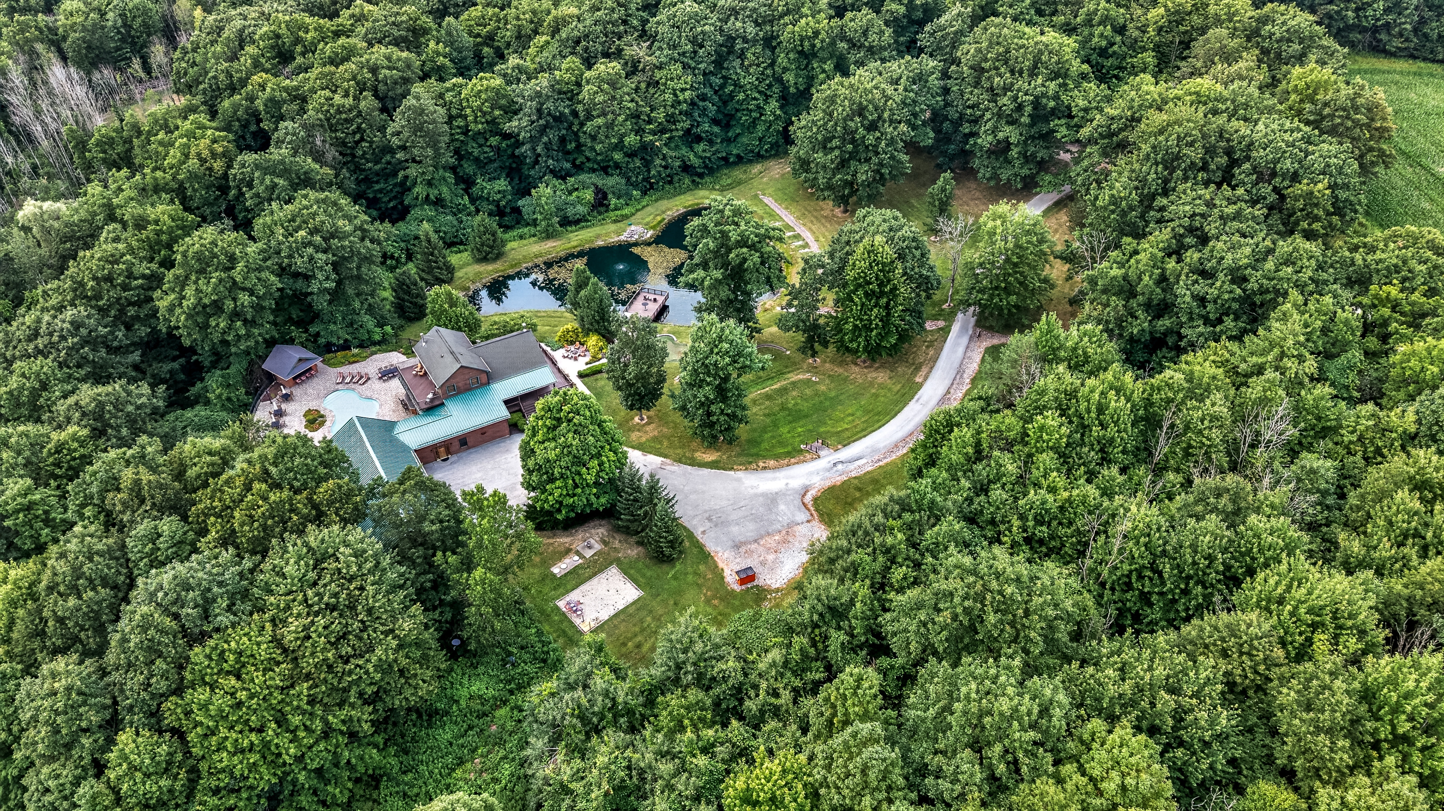 Aerial view of the winding driveway