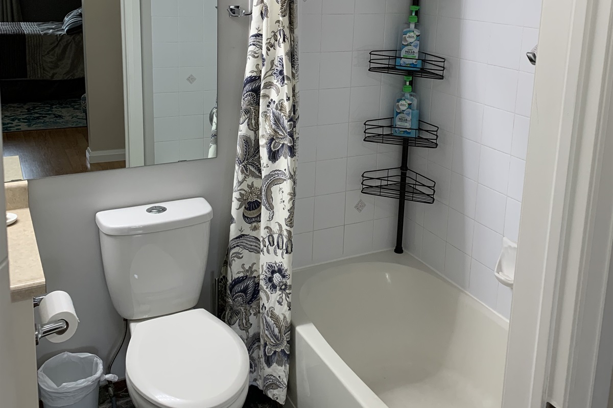 Full ensuite bathroom with storage center and spacious vanity. Bathroom is stocked with shampoo, conditioner soap and Q tips.