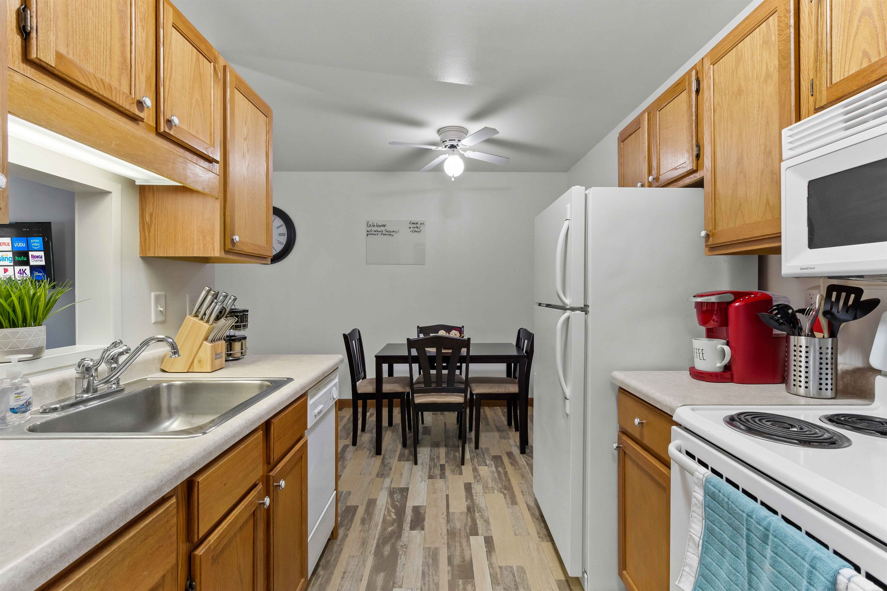 Dishwasher, stove, fridge and microwave included for your convenience.