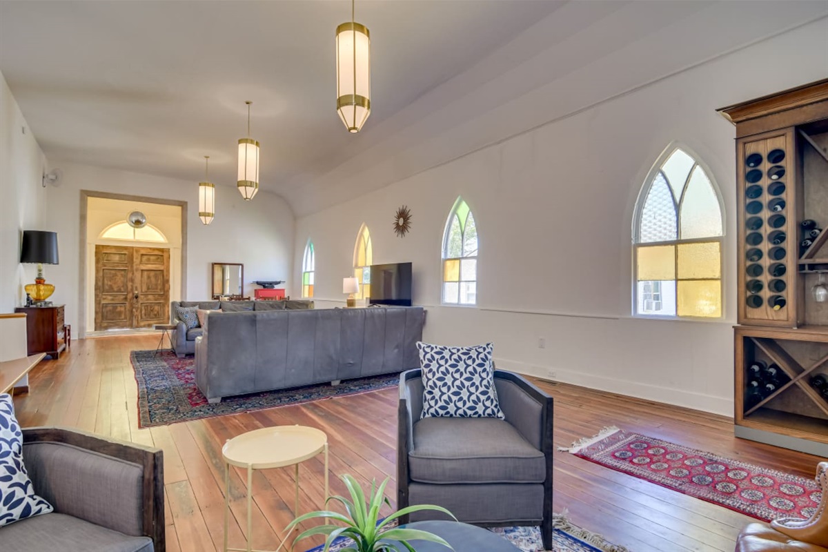 Main living area with vaulted ceilings and unique architecture.