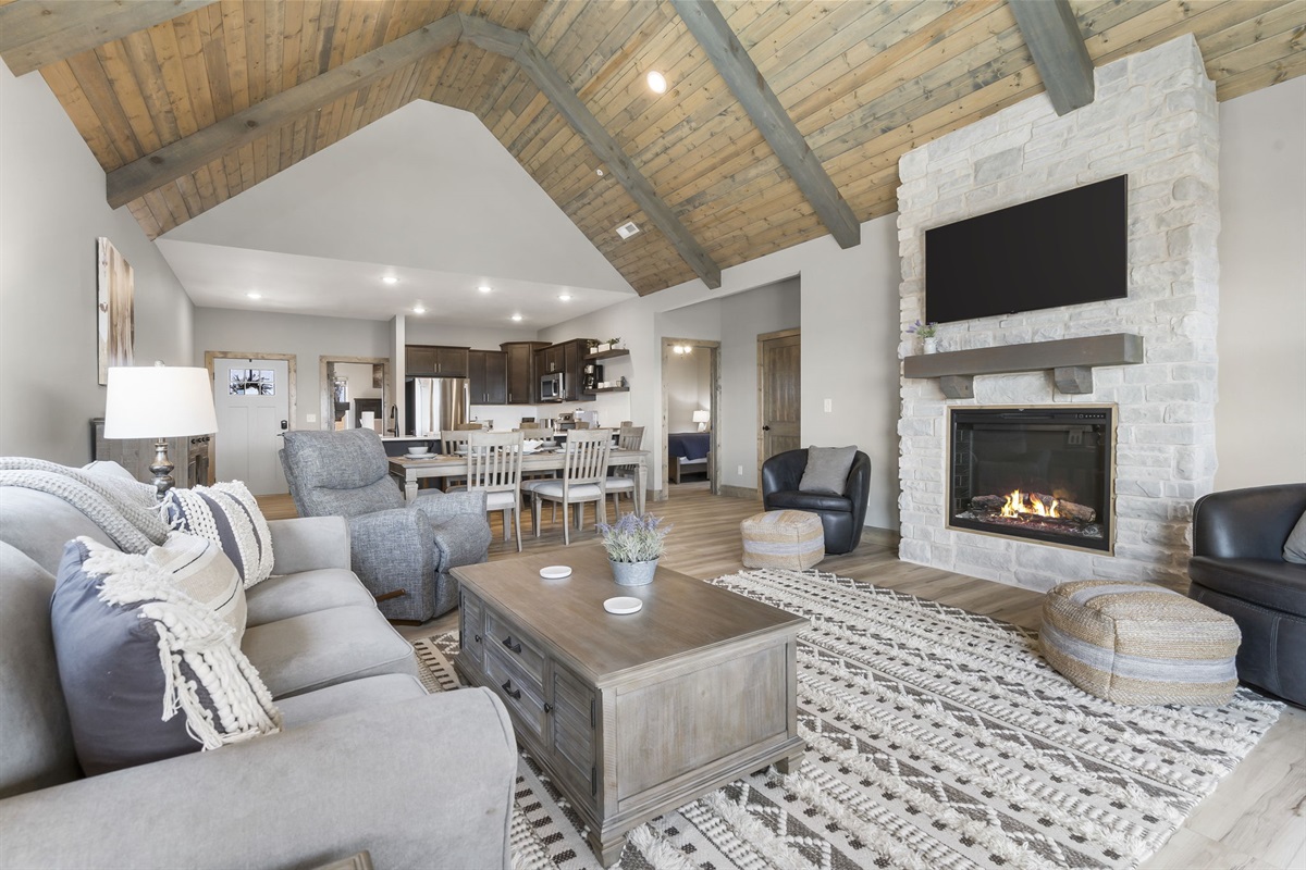 Electric fireplace in the living room. Another is in the King suite.