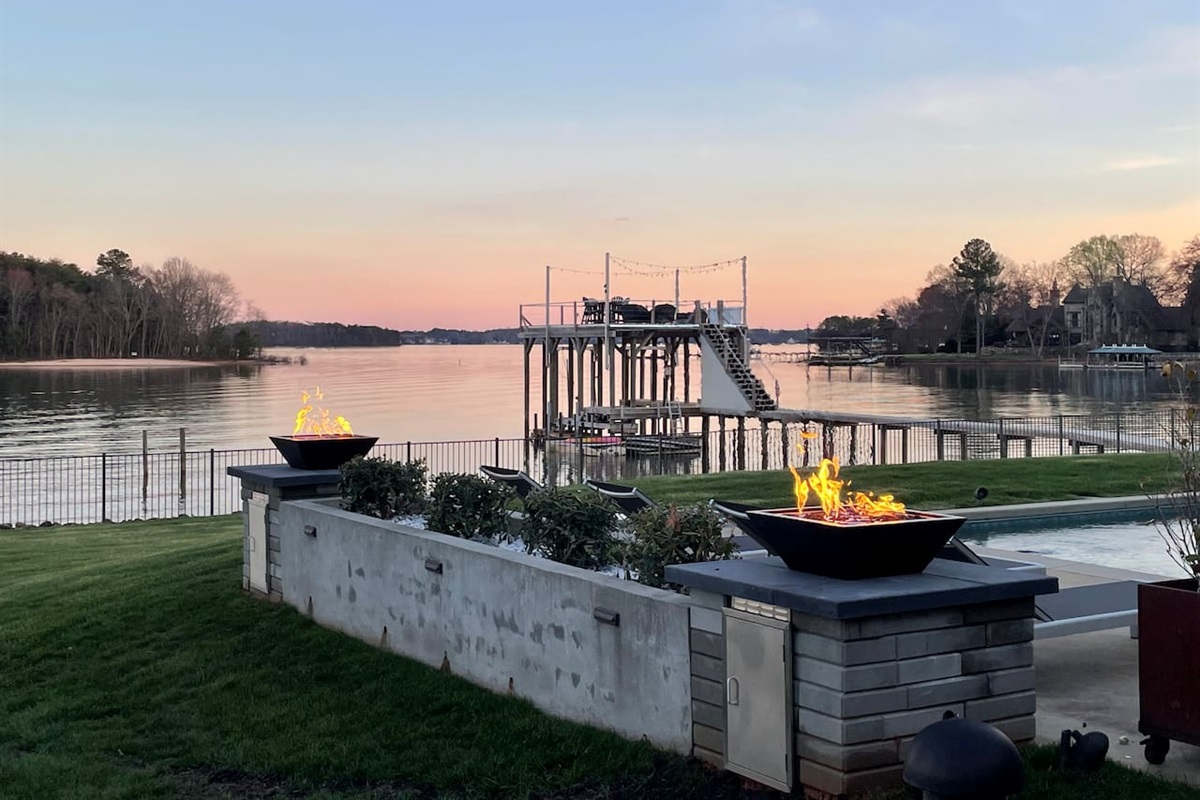 Firebowls adding charm to the Lake Norman sunset.