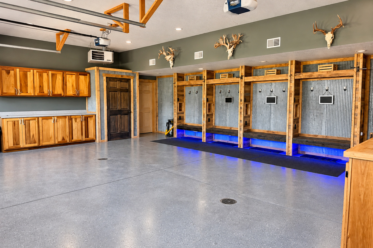 A clean, polished garage with epoxy flooring, built-in lockers for convenient storage, and subtle neon lighting beneath the lockers—an organized and welcoming space for your stay.