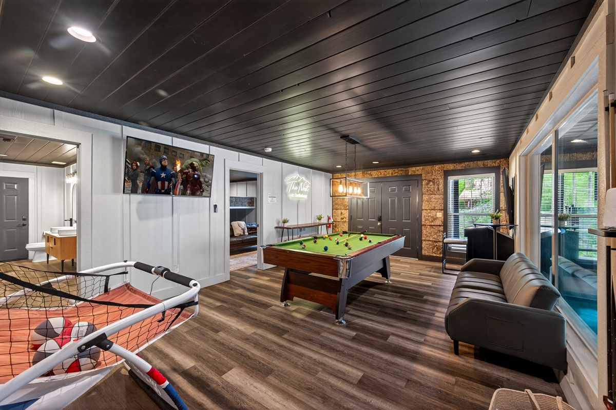 Pool table, video games and basketball.