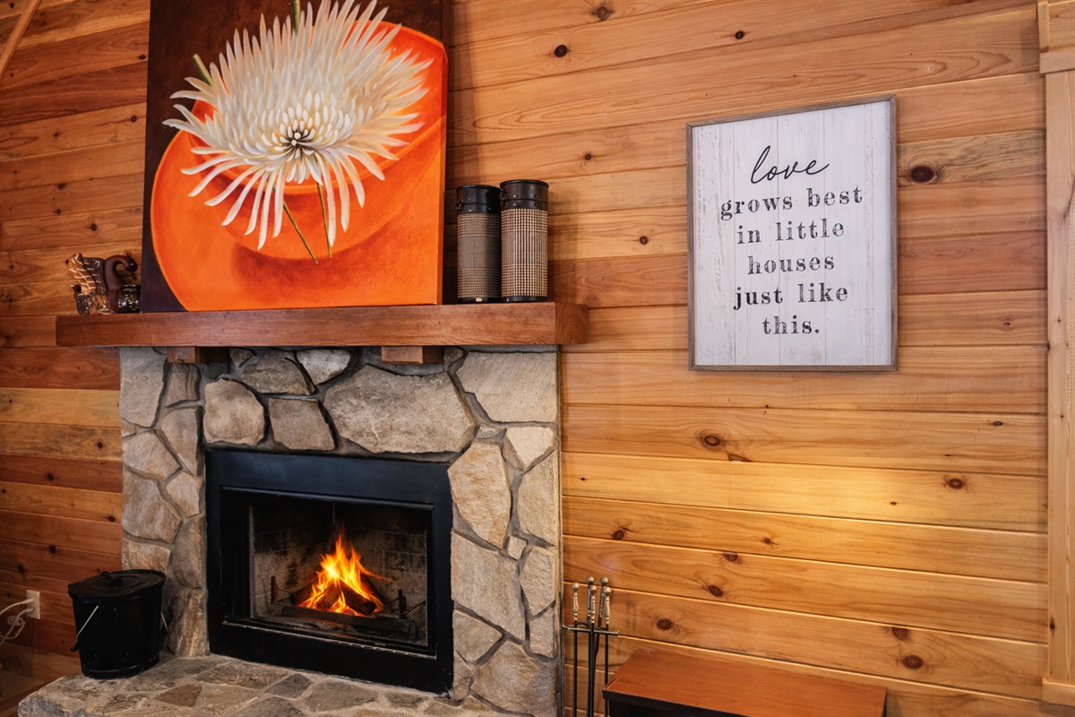 A crackling fire, warm wood walls, and a quiet mountain evening—this is cabin living at its coziest.