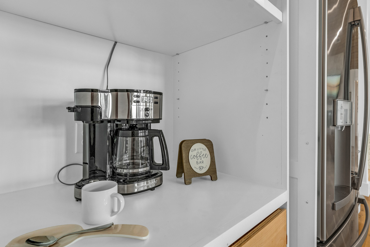 Cair Paravel: A tucked-away coffee station, complete with a two-way brewer and everything needed for a slow morning cup before the beach calls.