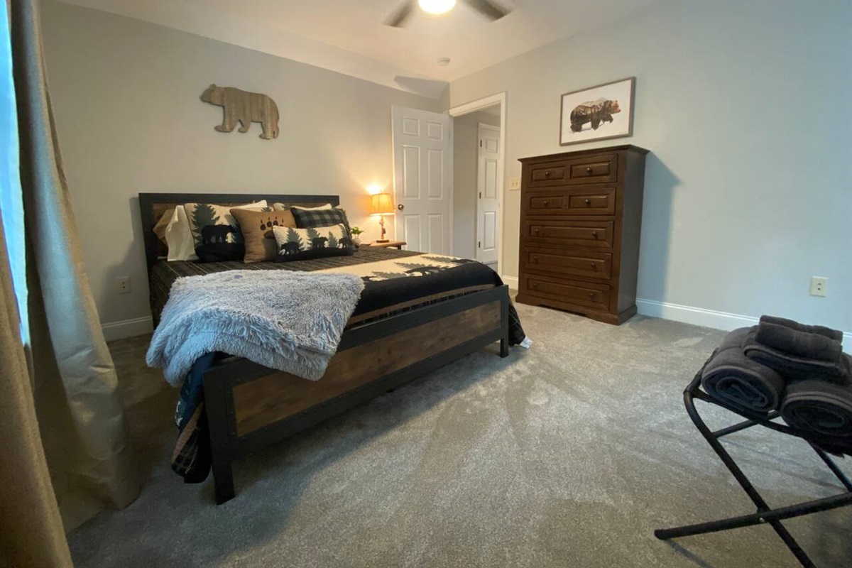 Upstairs bedroom with Queen sized memory foam mattress with both memory foam and hypo-allergenic goose down alternative pillows. 