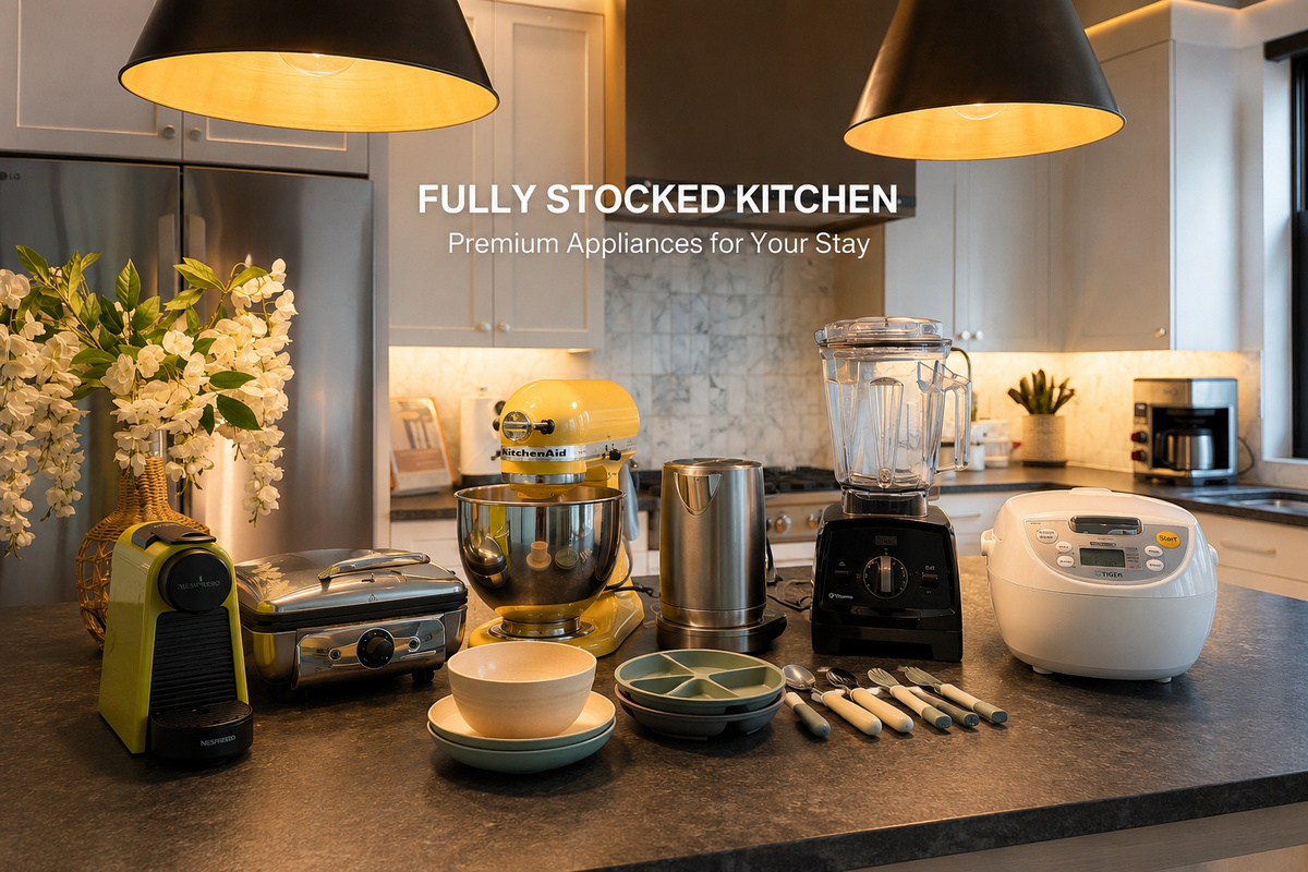 Premium appliances, fully stocked kitchen for your stay