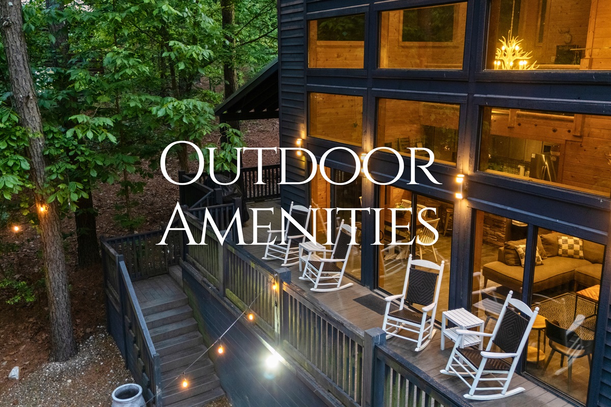 The exterior spaces blend seamlessly with the surrounding woods, creating a peaceful and natural setting.