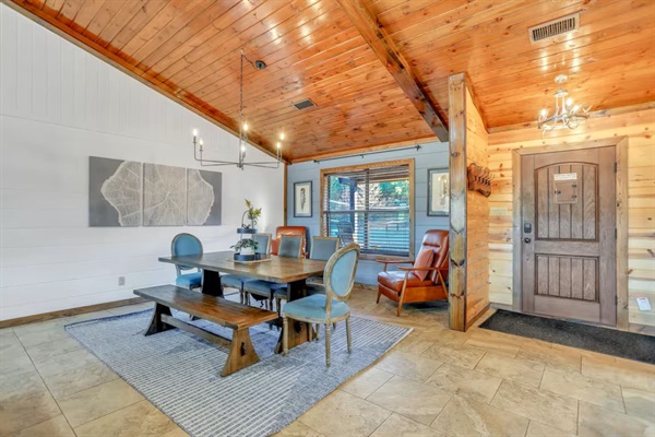 Dining area seating for eight—ideal for group meals, games, and enjoying music on the record player.