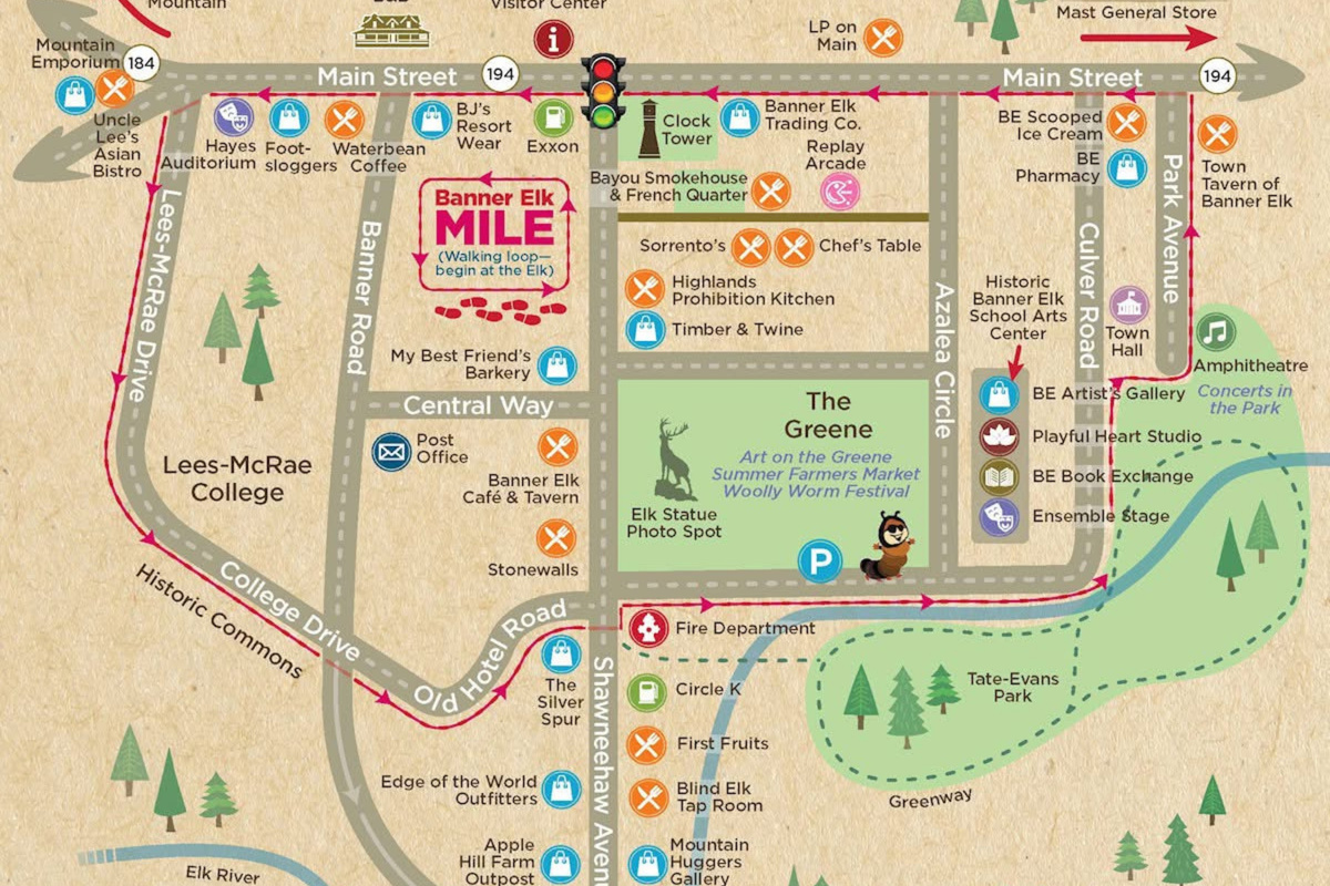 "Banner Elk Mile" Downtown Attractions / Restaurants / Shopping Map