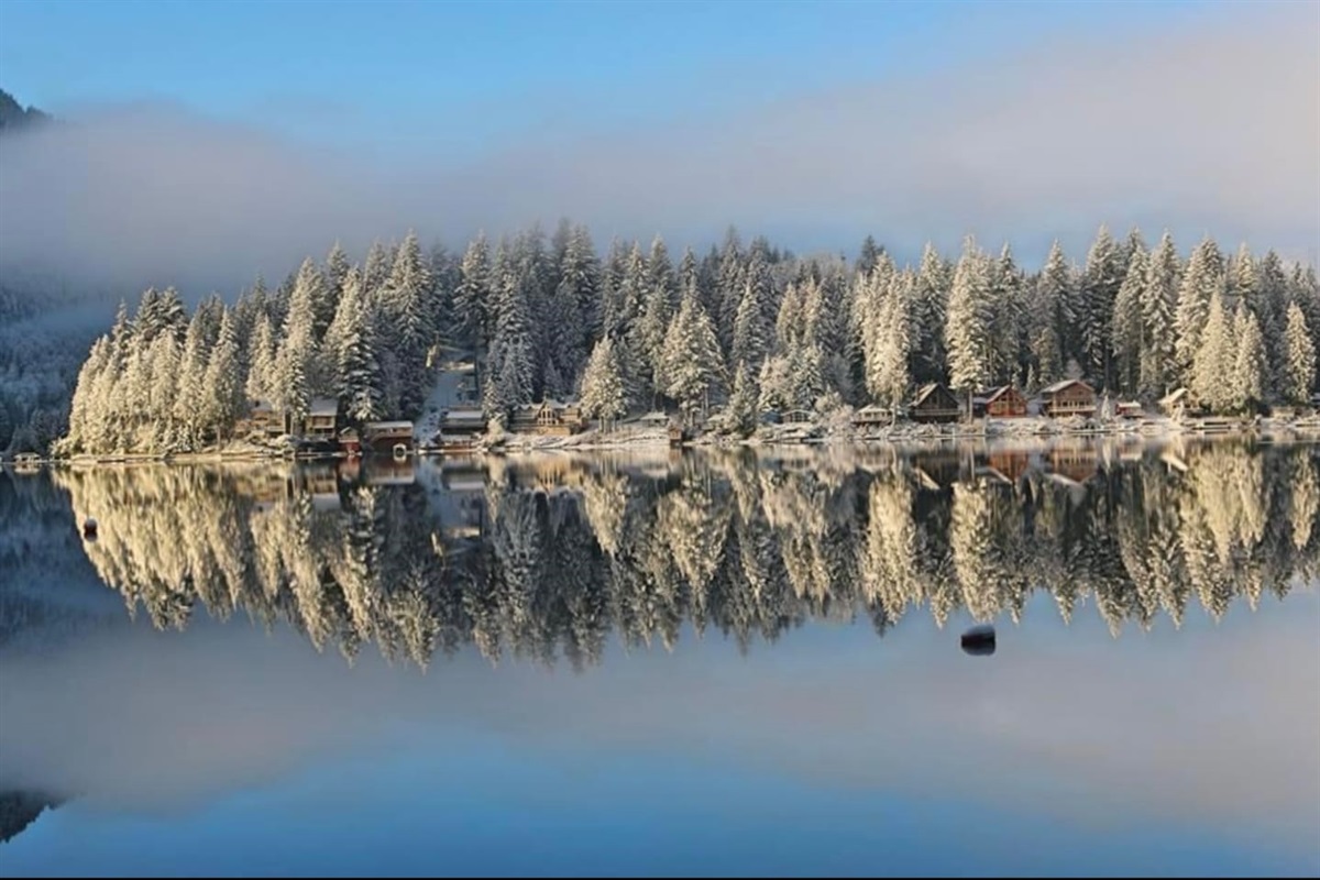 Snow-covered landscape reflecting in the lake