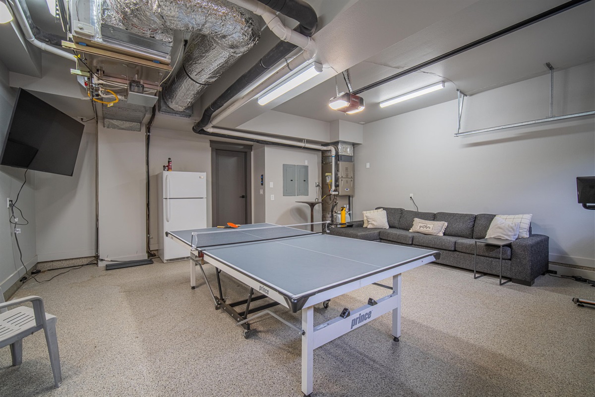 Garage fun! Ping pong table, tv, couch