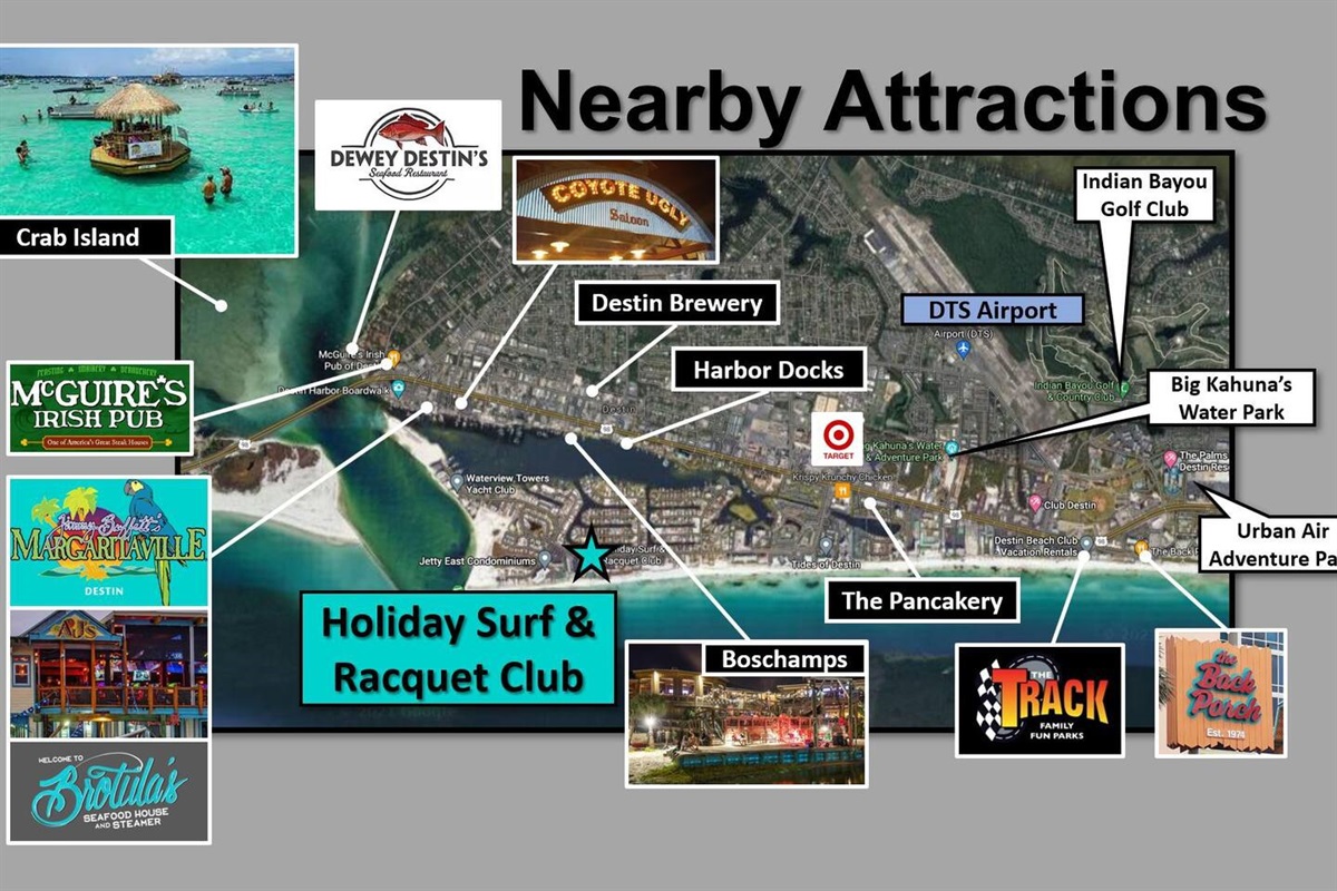 Holiday Surf & Racquet Club is located within the safe and quiet Holiday Isle, but offers easy access to the Destin airport (VPS), Crab Island, the Destin Harbor Boardwalk, and lots of dining, shopping, and activities!