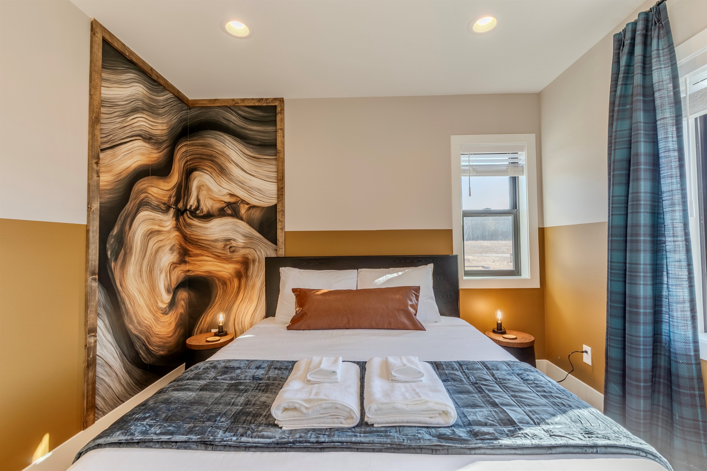 Upstairs queen memory foam bedroom with Roku TV.