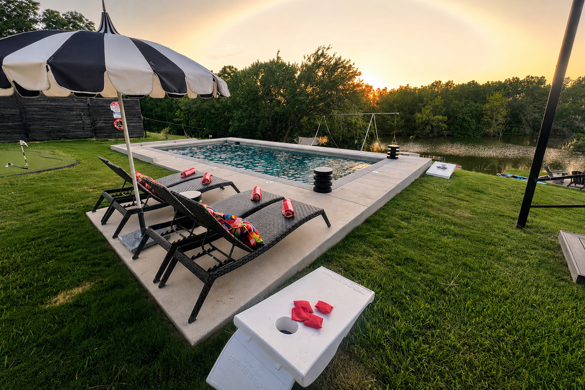 Pool deck at golden hour on the water at Lake Granbury,