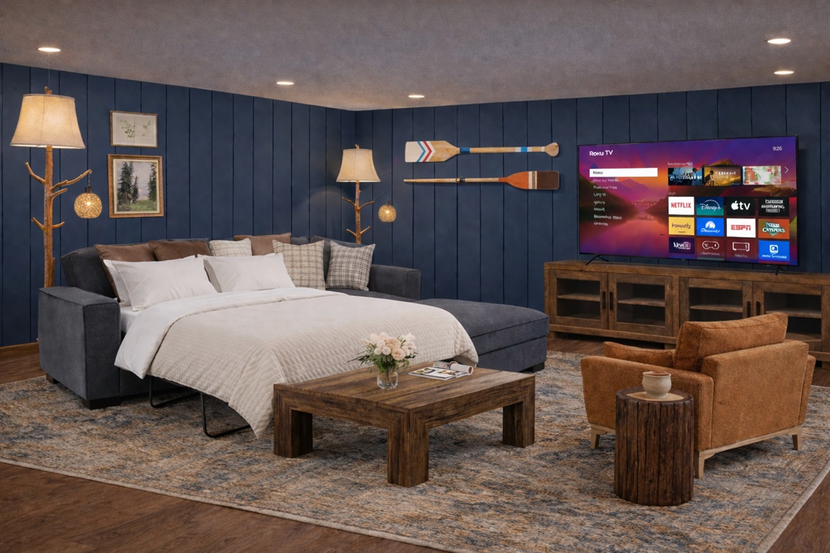 Rendering of the updated basement family room