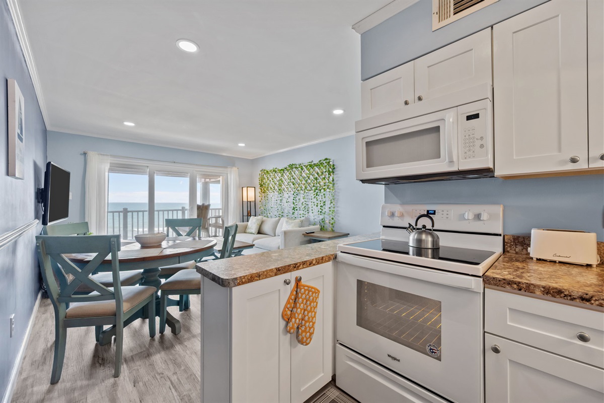Cook with a view as the ocean peeks through the open layout