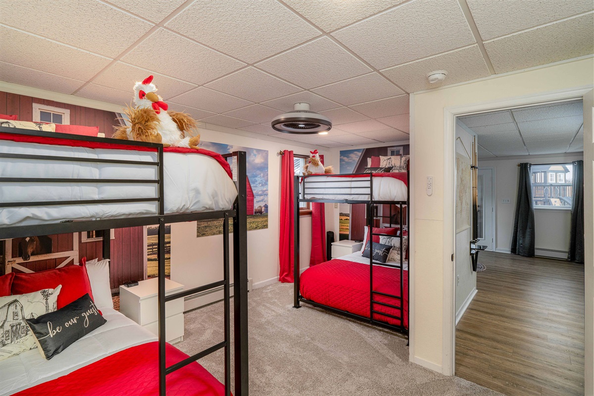 Barn-Themed Bunk Room — Two full-over-full bunks made for kids, cousins, and group fun.